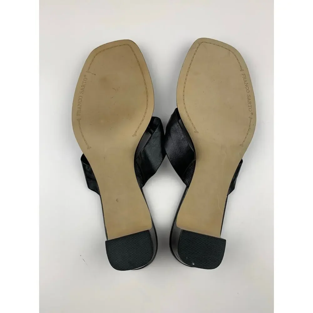 Franco Sarto Plush Sandals Slip On Black Leather Thong Heels Women's 8.5